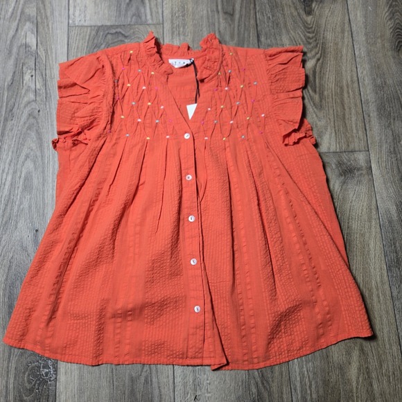 THML The Norah Embroidered‎ Button Down Shirt Womens Large Orange NWOT - Picture 2 of 10